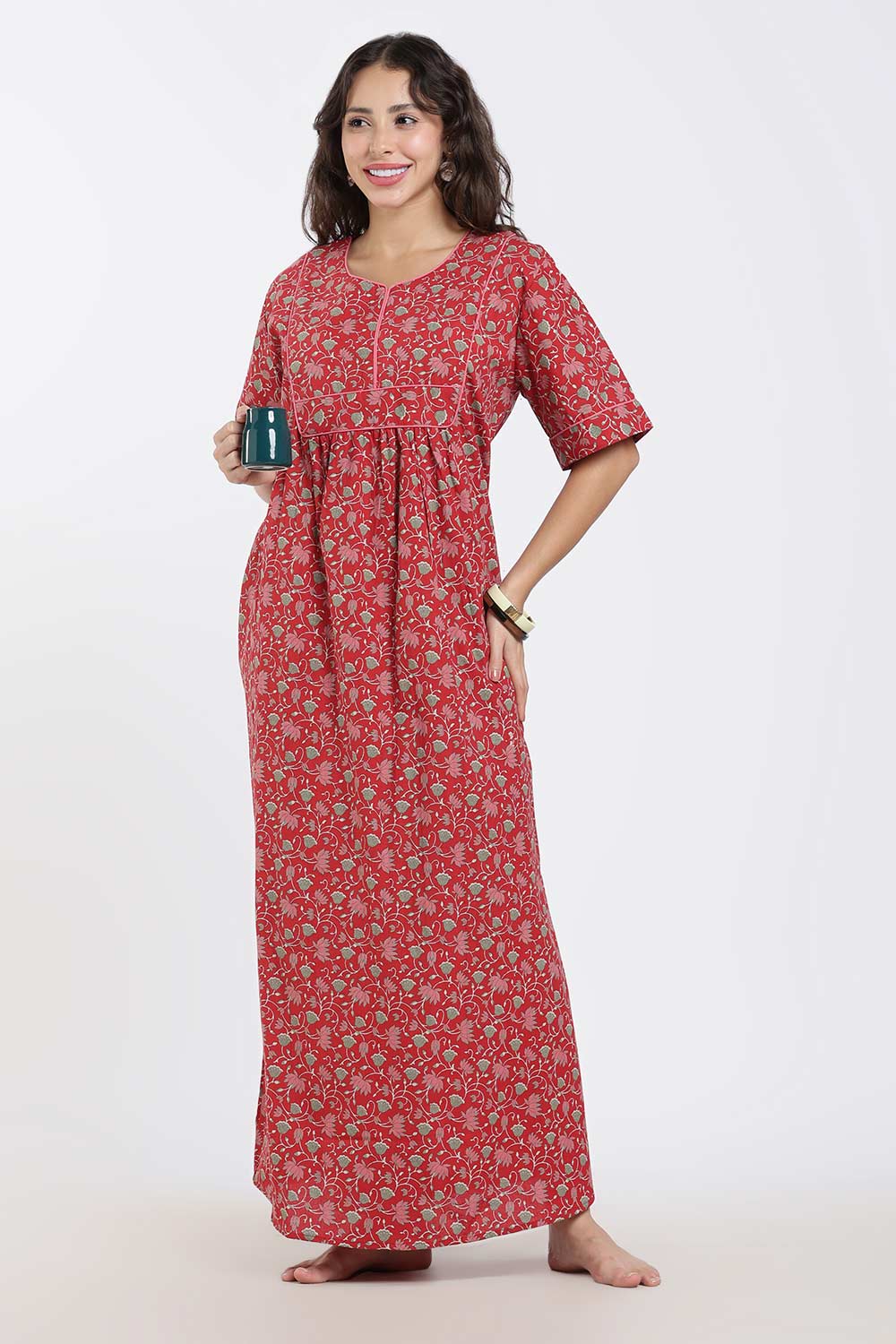 Naidu Hall Printed Cotton Nighty for Women – Full Length Relaxed Fit Sleepwear with V-Slit Neck & Panel Design | Comfortable Daily Wear Nighty
 - NF40