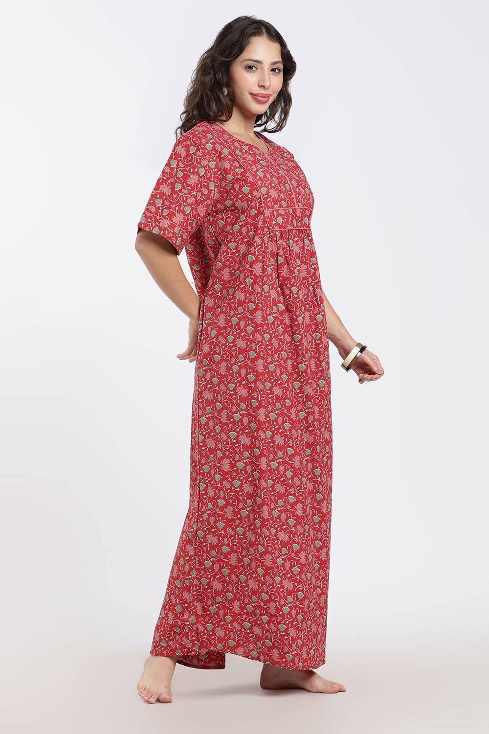 Naidu Hall Printed Cotton Nighty for Women – Full Length Relaxed Fit Sleepwear with V-Slit Neck & Panel Design | Comfortable Daily Wear Nighty
 - NF40