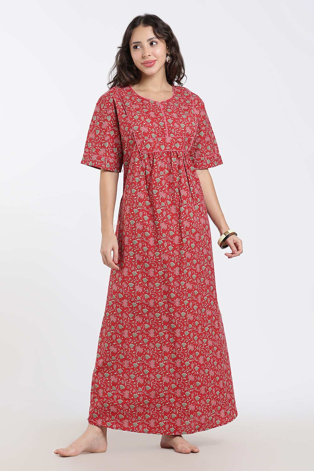 Naidu Hall Printed Cotton Nighty for Women – Full Length Relaxed Fit Sleepwear with V-Slit Neck & Panel Design | Comfortable Daily Wear Nighty
 - NF40