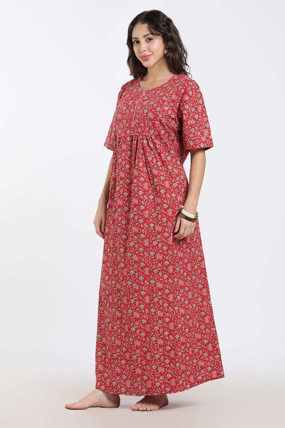 Naidu Hall Printed Cotton Nighty for Women – Full Length Relaxed Fit Sleepwear with V-Slit Neck & Panel Design | Comfortable Daily Wear Nighty
 - NF40