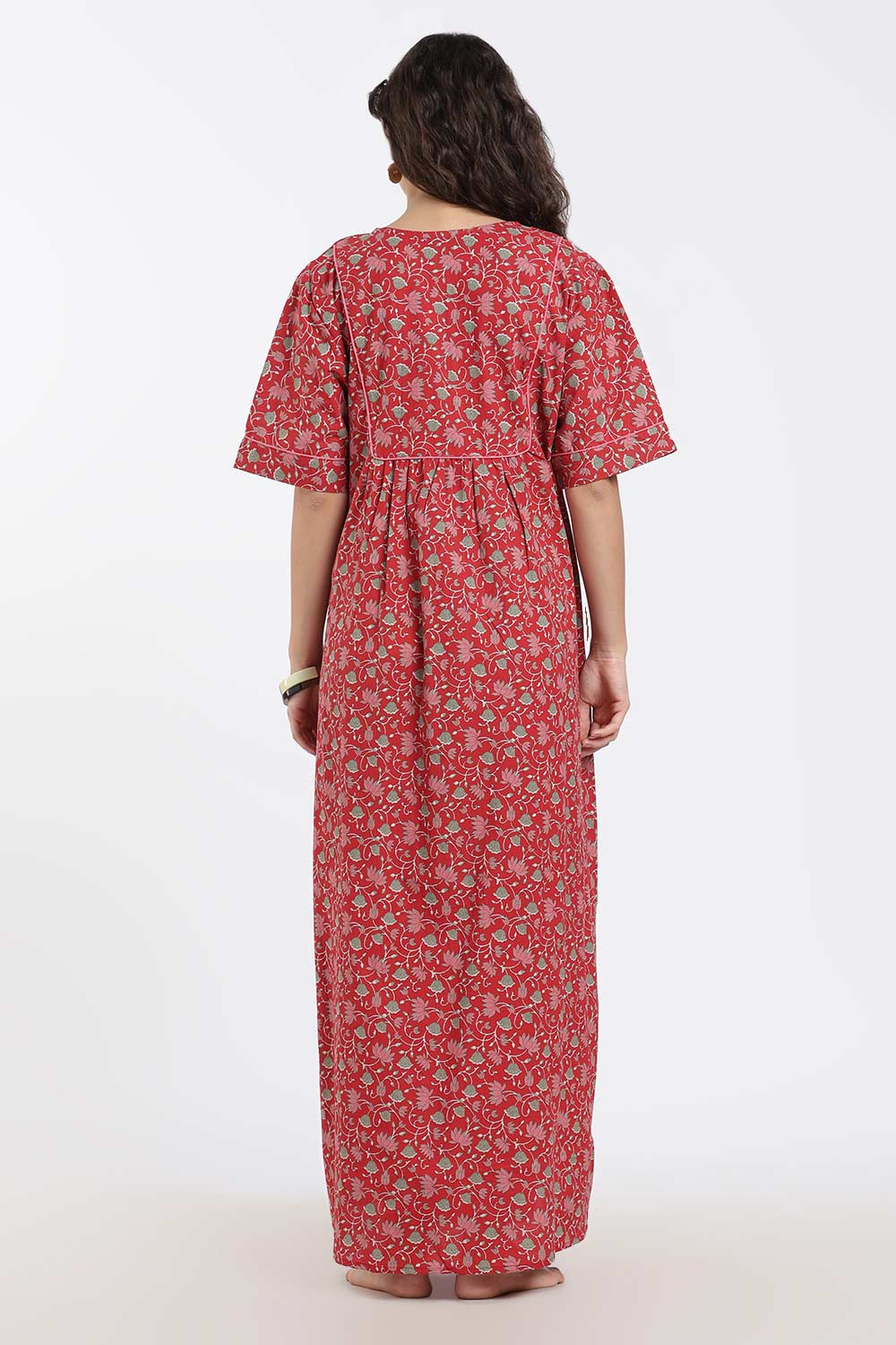 Naidu Hall Printed Cotton Nighty for Women – Full Length Relaxed Fit Sleepwear with V-Slit Neck & Panel Design | Comfortable Daily Wear Nighty
 - NF40