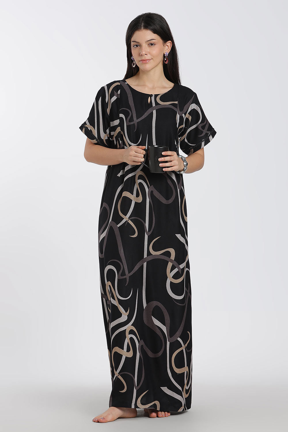 Naidu Hall Printed Cotton Nighty for Women – Full Length Relaxed Fit Sleepwear with Keyhole Neck & Panel Design | Comfortable Daily Wear Nighty
 - NF41