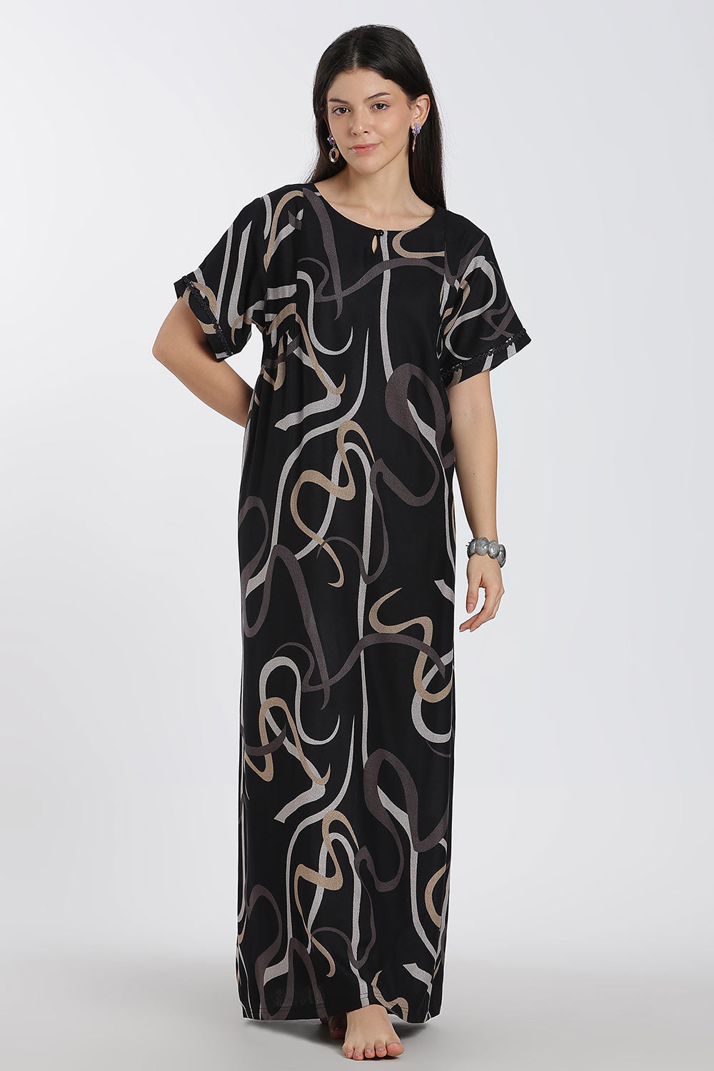 Naidu Hall Printed Cotton Nighty for Women – Full Length Relaxed Fit Sleepwear with Keyhole Neck & Panel Design | Comfortable Daily Wear Nighty
 - NF41