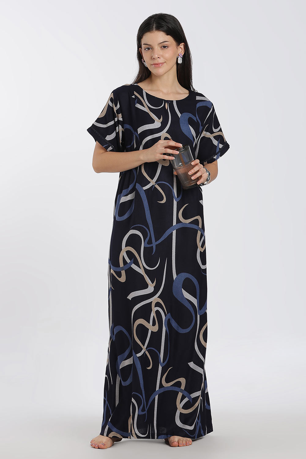 Naidu Hall Printed Cotton Nighty for Women – Full Length Relaxed Fit Sleepwear with Keyhole Neck & Panel Design | Comfortable Daily Wear Nighty
 - NF41