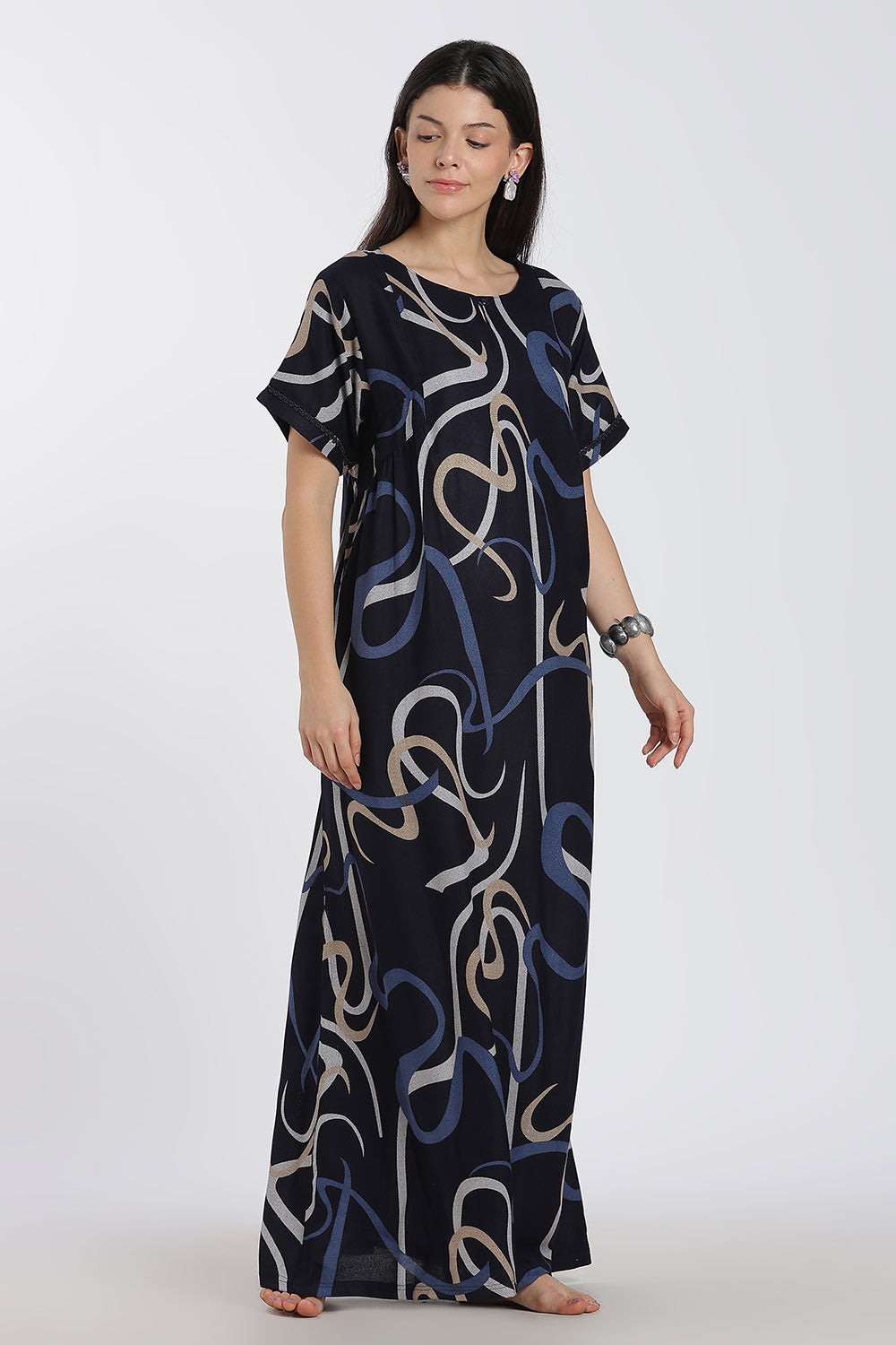 Naidu Hall Printed Cotton Nighty for Women – Full Length Relaxed Fit Sleepwear with Keyhole Neck & Panel Design | Comfortable Daily Wear Nighty
 - NF41