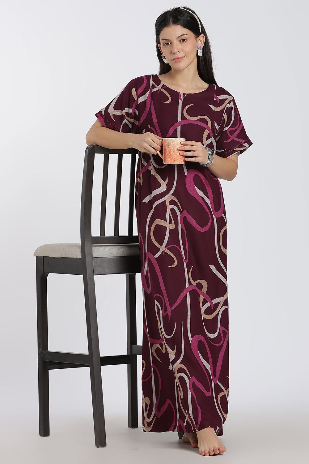 Naidu Hall Printed Cotton Nighty for Women – Full Length Relaxed Fit Sleepwear with Keyhole Neck & Panel Design | Comfortable Daily Wear Nighty
 - NF41