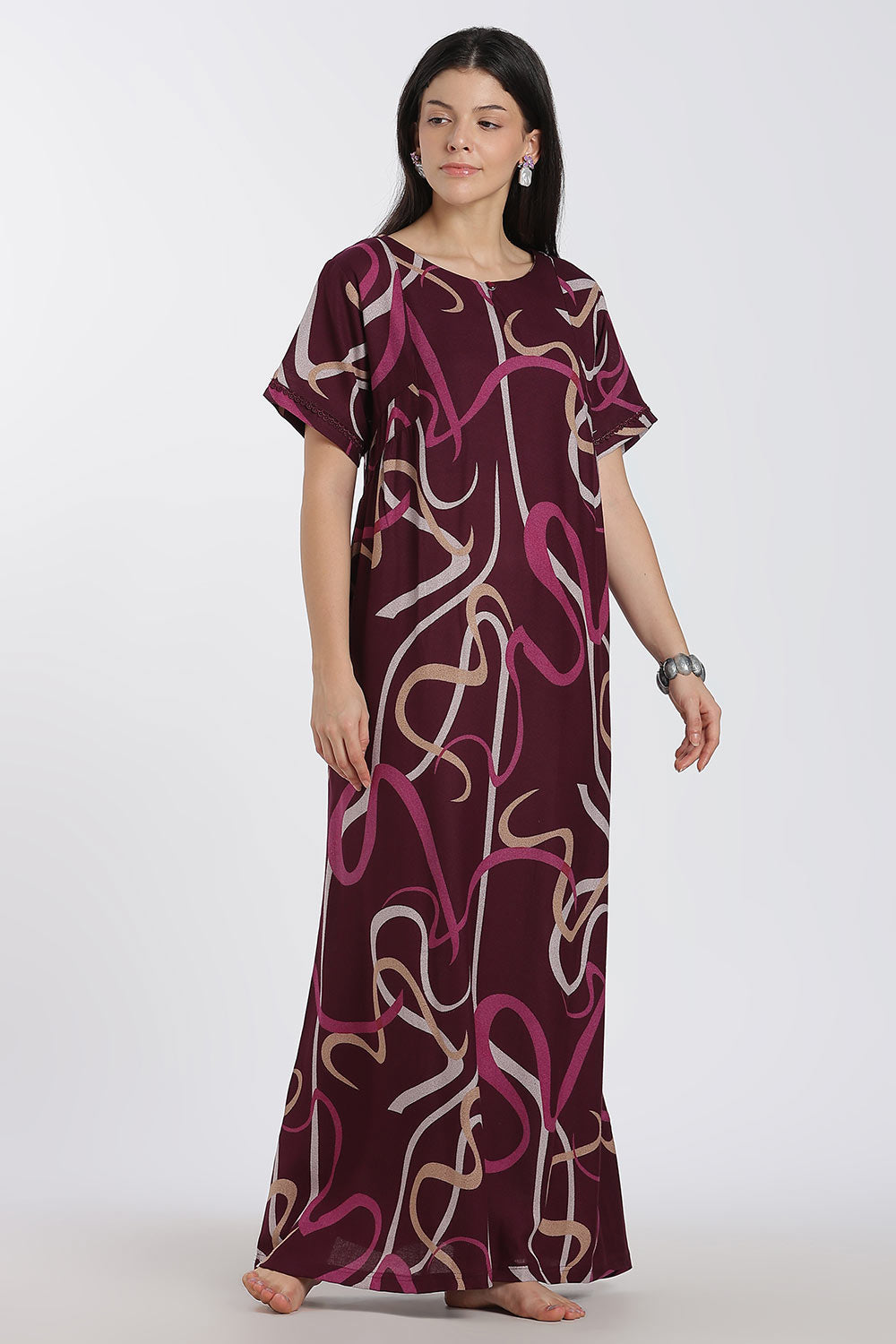 Naidu Hall Printed Cotton Nighty for Women – Full Length Relaxed Fit Sleepwear with Keyhole Neck & Panel Design | Comfortable Daily Wear Nighty
 - NF41