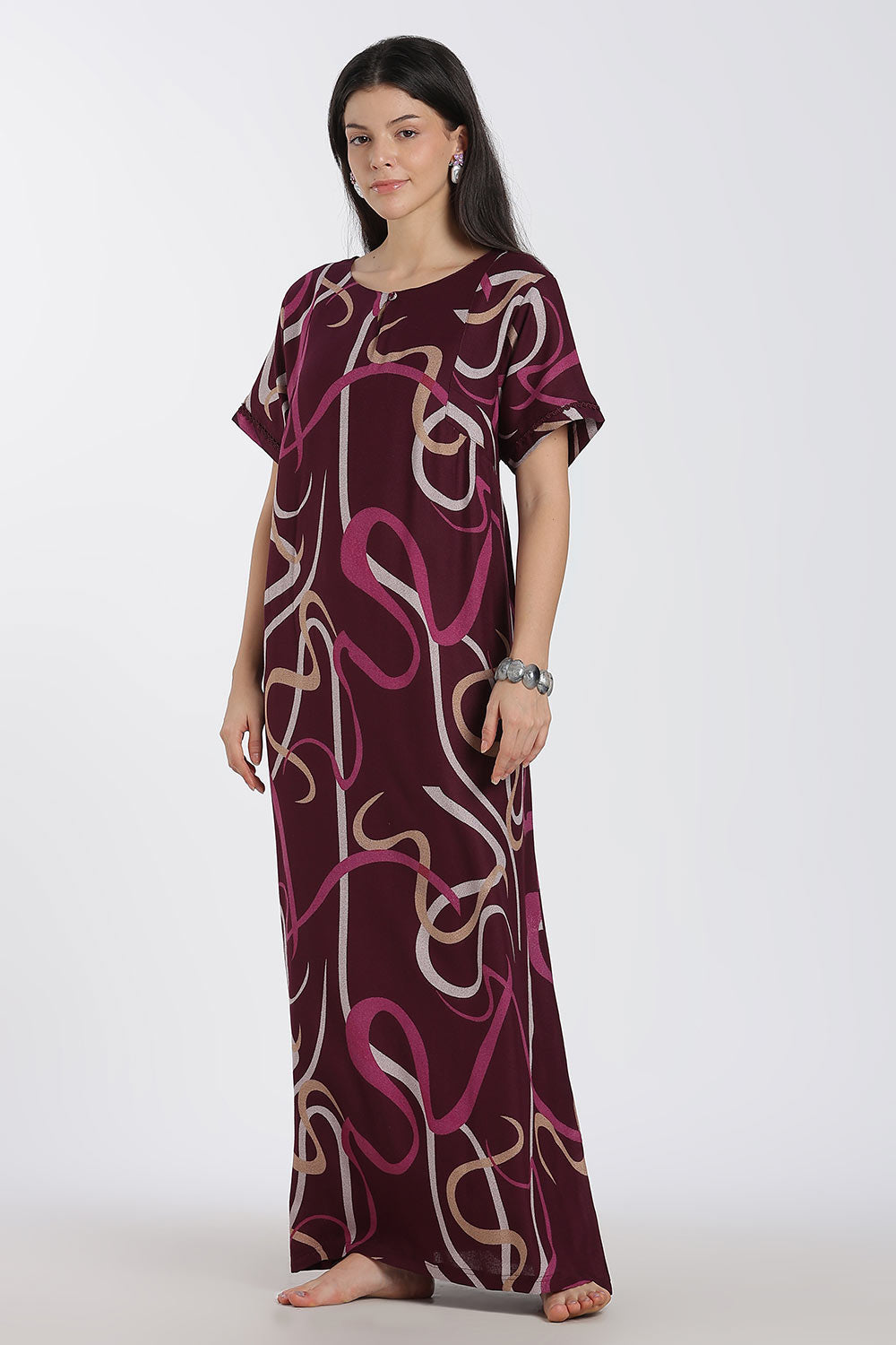 Naidu Hall Printed Cotton Nighty for Women – Full Length Relaxed Fit Sleepwear with Keyhole Neck & Panel Design | Comfortable Daily Wear Nighty
 - NF41