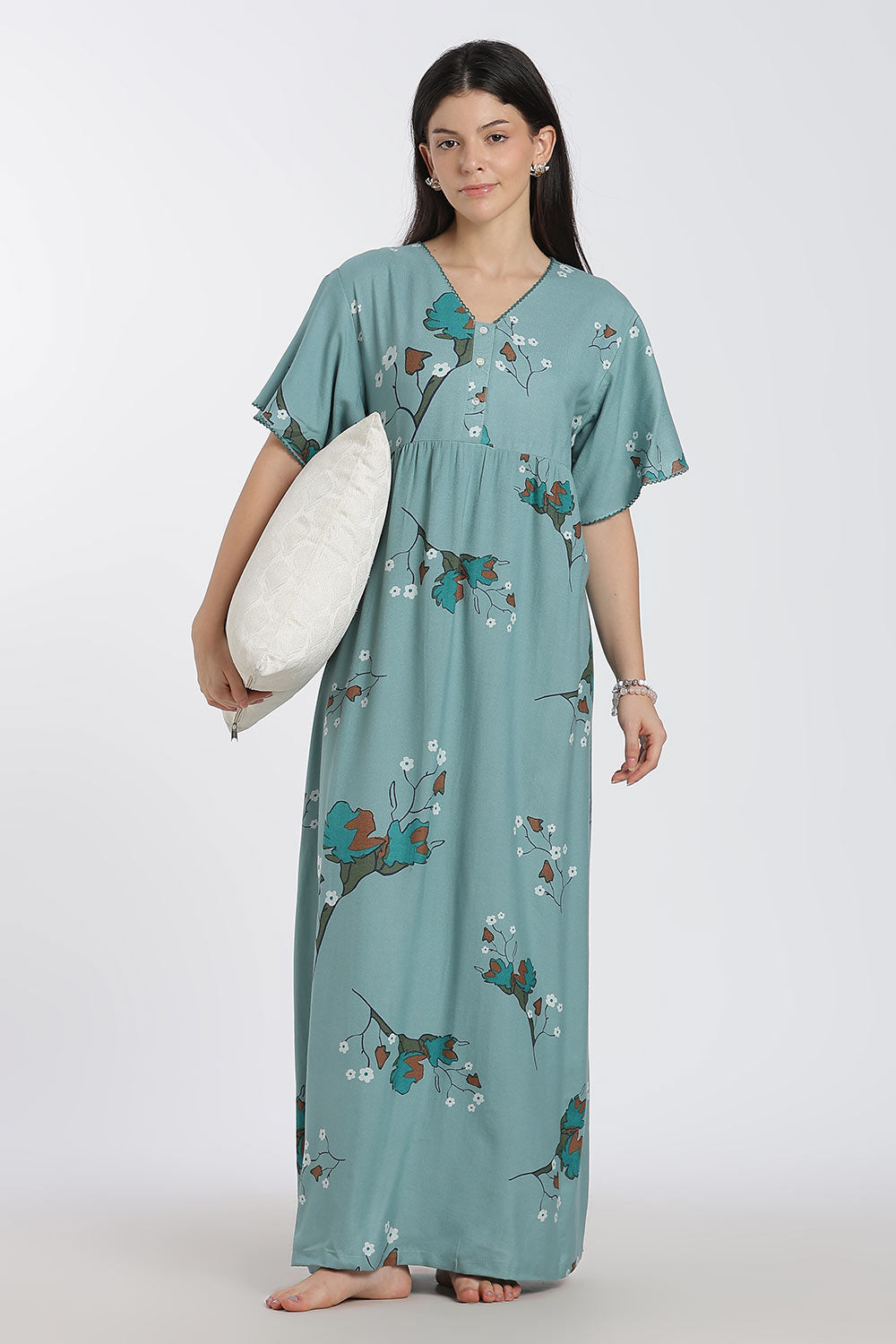Naidu Hall Printed Cotton Nighty for Women – Full Length Flared Nighty with Lace V-Neck & Button Placket | Comfortable Daily Wear Sleepwear
 - NF42
