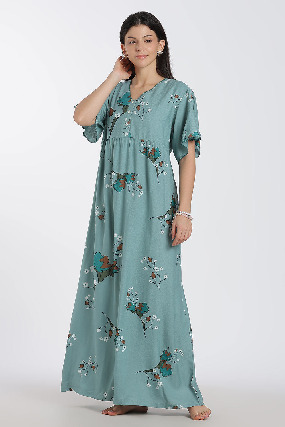 Naidu Hall Printed Cotton Nighty for Women – Full Length Flared Nighty with Lace V-Neck & Button Placket | Comfortable Daily Wear Sleepwear
 - NF42
