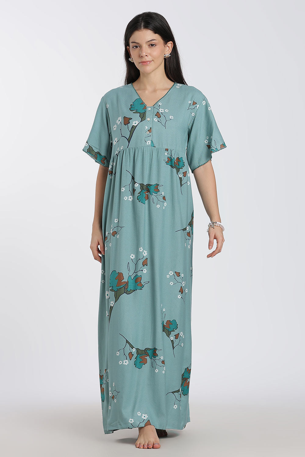 Naidu Hall Printed Cotton Nighty for Women – Full Length Flared Nighty with Lace V-Neck & Button Placket | Comfortable Daily Wear Sleepwear
 - NF42