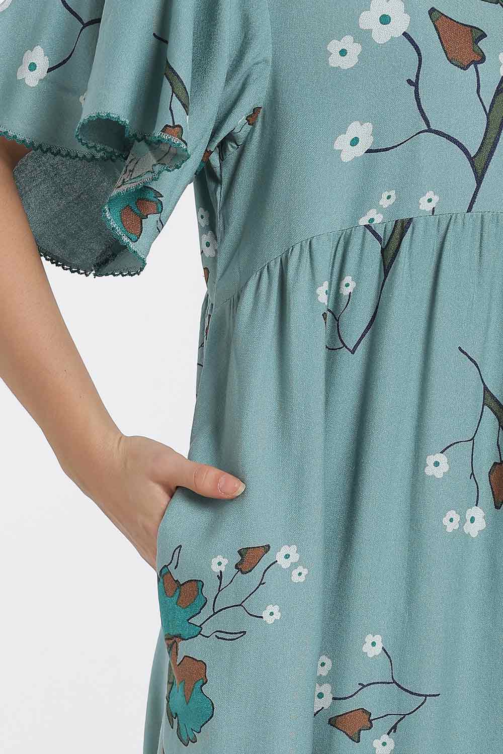 Naidu Hall Printed Cotton Nighty for Women – Full Length Flared Nighty with Lace V-Neck & Button Placket | Comfortable Daily Wear Sleepwear
 - NF42
