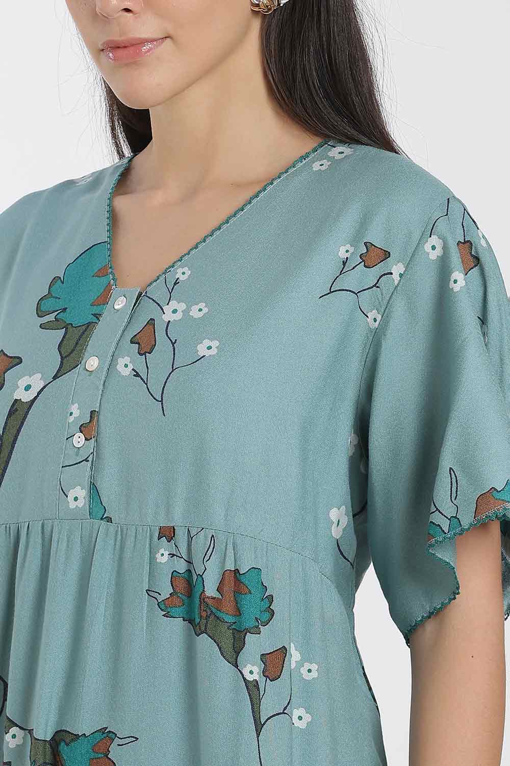 Naidu Hall Printed Cotton Nighty for Women – Full Length Flared Nighty with Lace V-Neck & Button Placket | Comfortable Daily Wear Sleepwear
 - NF42