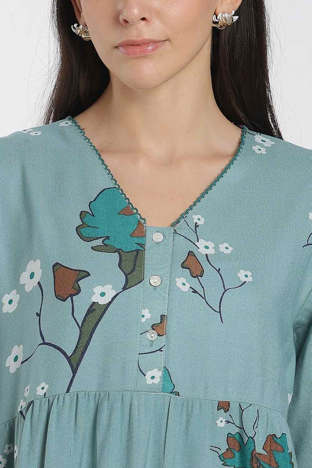Naidu Hall Printed Cotton Nighty for Women – Full Length Flared Nighty with Lace V-Neck & Button Placket | Comfortable Daily Wear Sleepwear
 - NF42