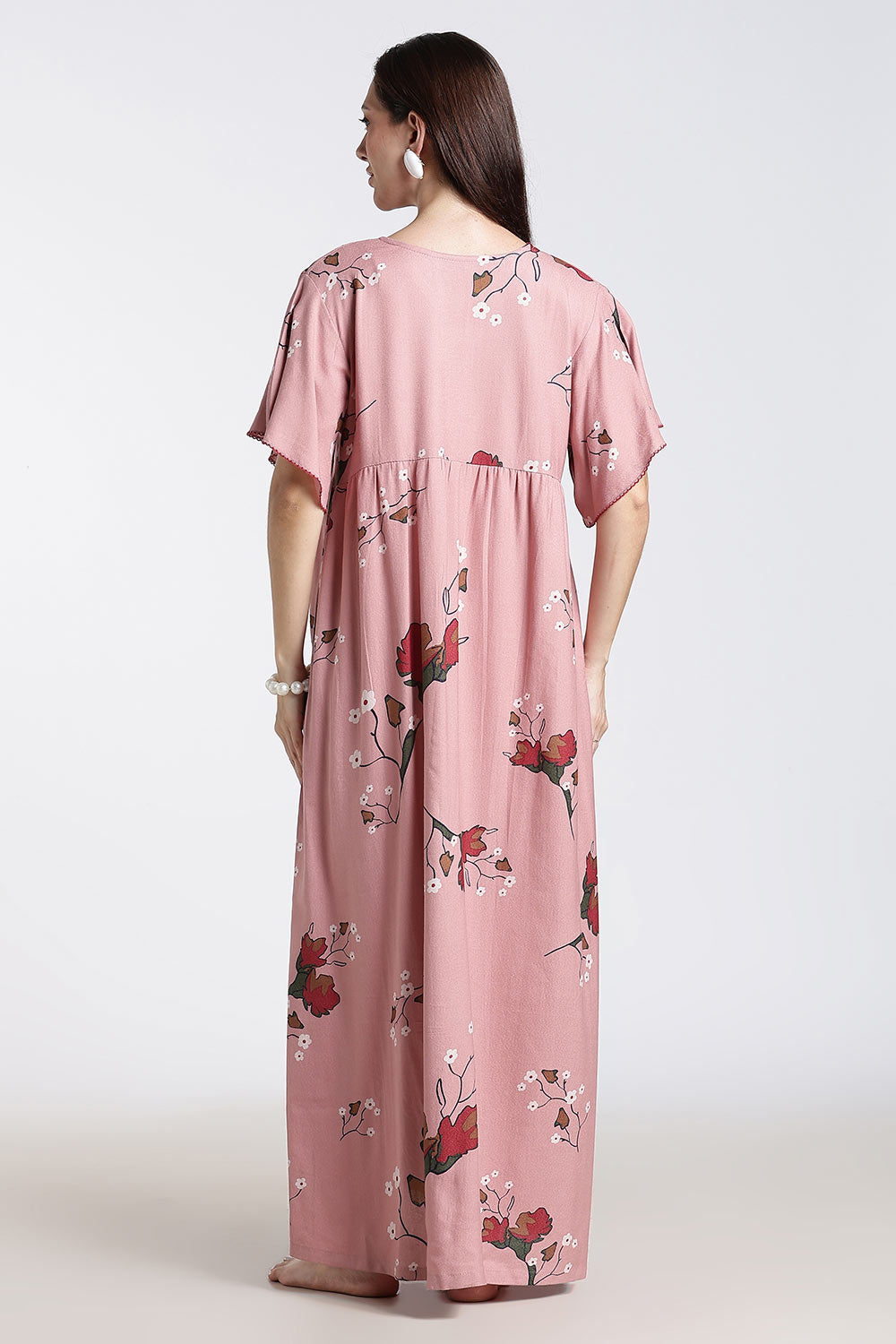 Naidu Hall Printed Cotton Nighty for Women – Full Length Flared Nighty with Lace V-Neck & Button Placket | Comfortable Daily Wear Sleepwear
 - NF42