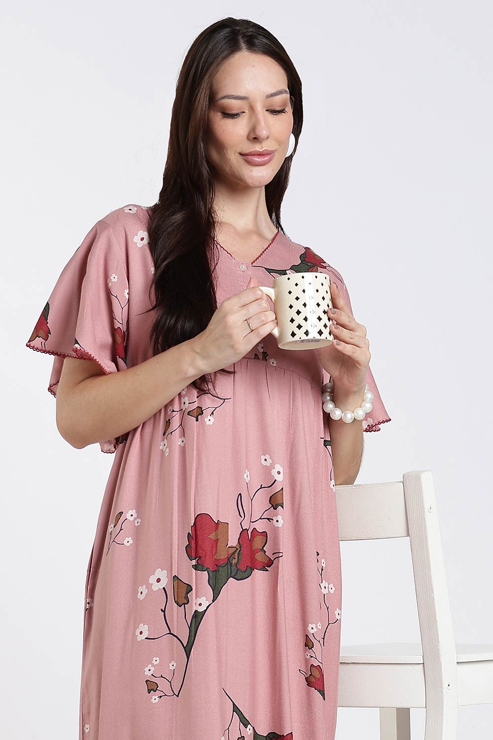 Naidu Hall Printed Cotton Nighty for Women – Full Length Flared Nighty with Lace V-Neck & Button Placket | Comfortable Daily Wear Sleepwear
 - NF42