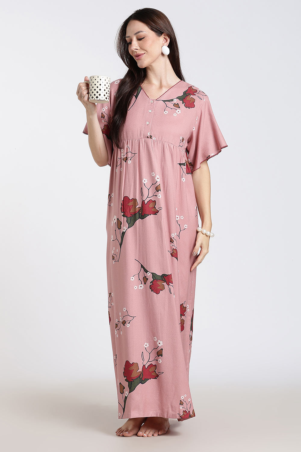 Naidu Hall Printed Cotton Nighty for Women – Full Length Flared Nighty with Lace V-Neck & Button Placket | Comfortable Daily Wear Sleepwear
 - NF42