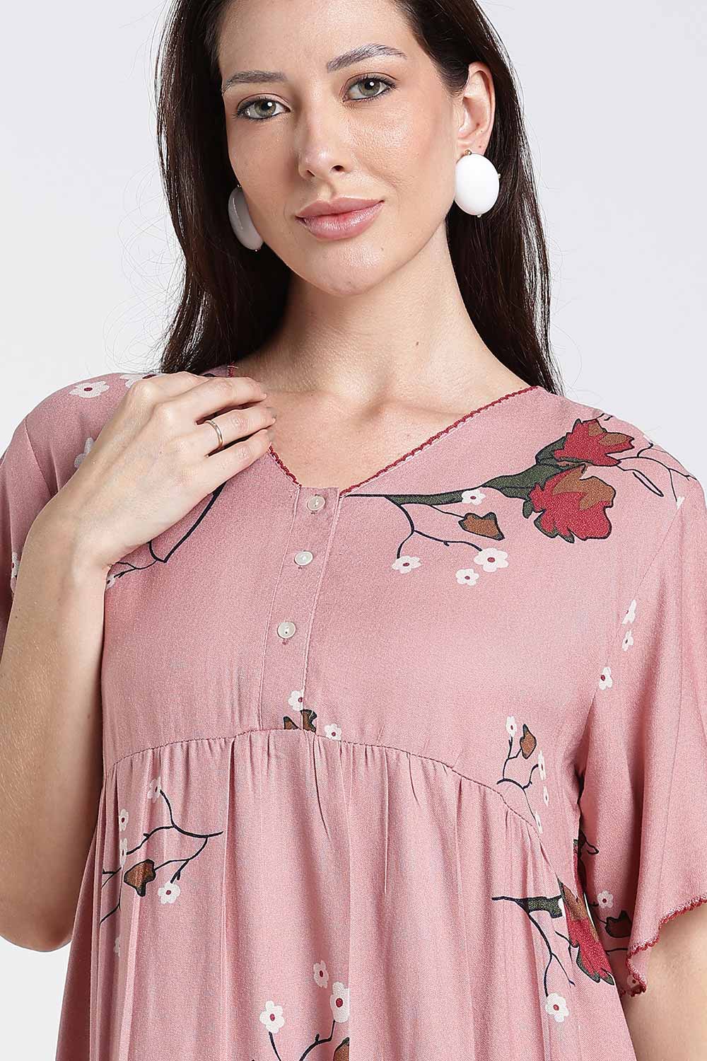 Naidu Hall Printed Cotton Nighty for Women – Full Length Flared Nighty with Lace V-Neck & Button Placket | Comfortable Daily Wear Sleepwear
 - NF42