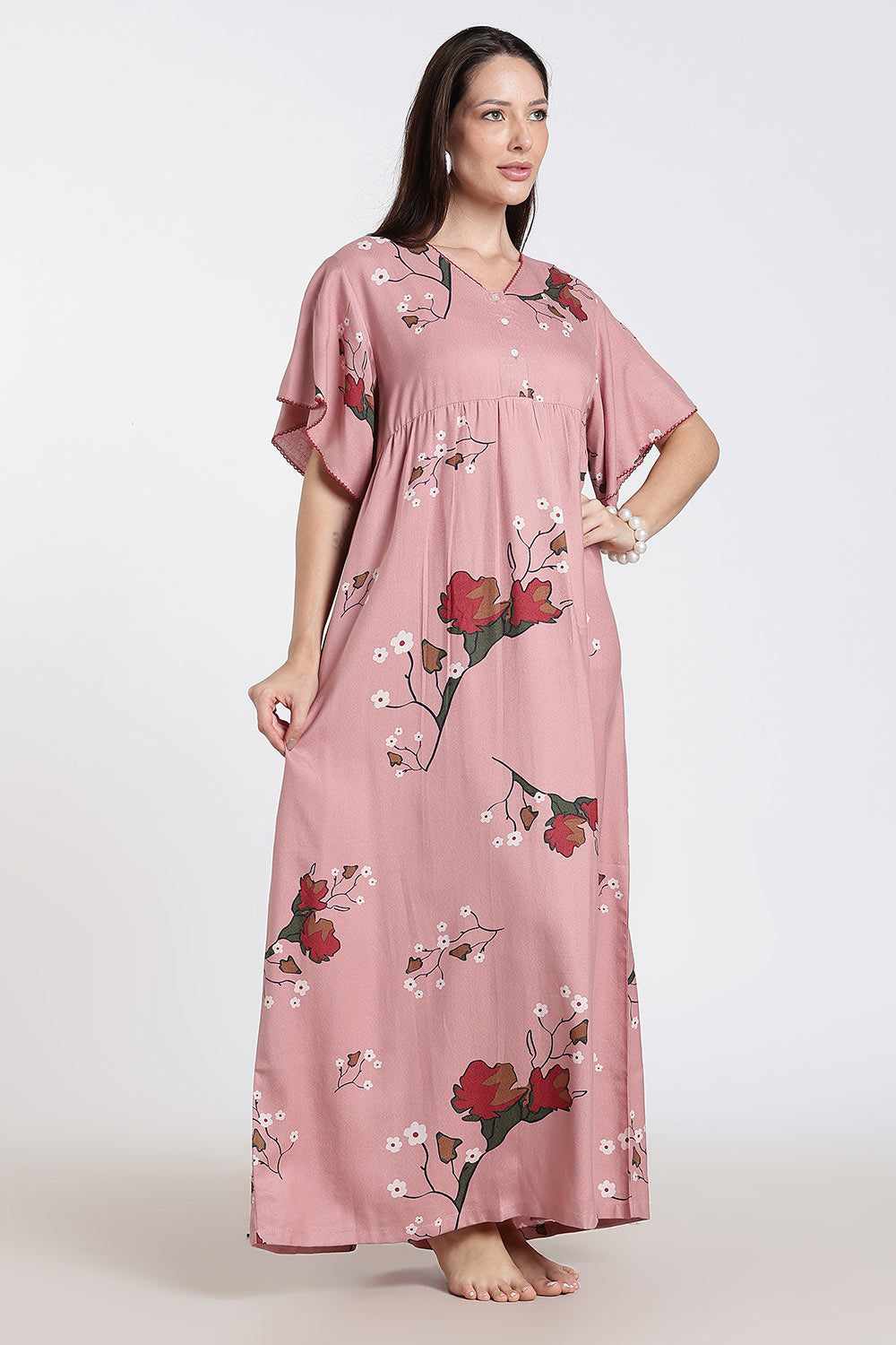 Naidu Hall Printed Cotton Nighty for Women – Full Length Flared Nighty with Lace V-Neck & Button Placket | Comfortable Daily Wear Sleepwear
 - NF42