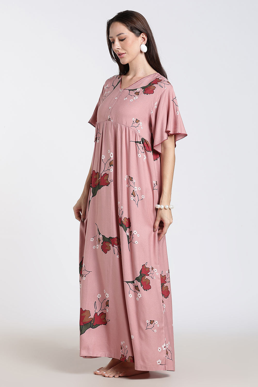 Naidu Hall Printed Cotton Nighty for Women – Full Length Flared Nighty with Lace V-Neck & Button Placket | Comfortable Daily Wear Sleepwear
 - NF42