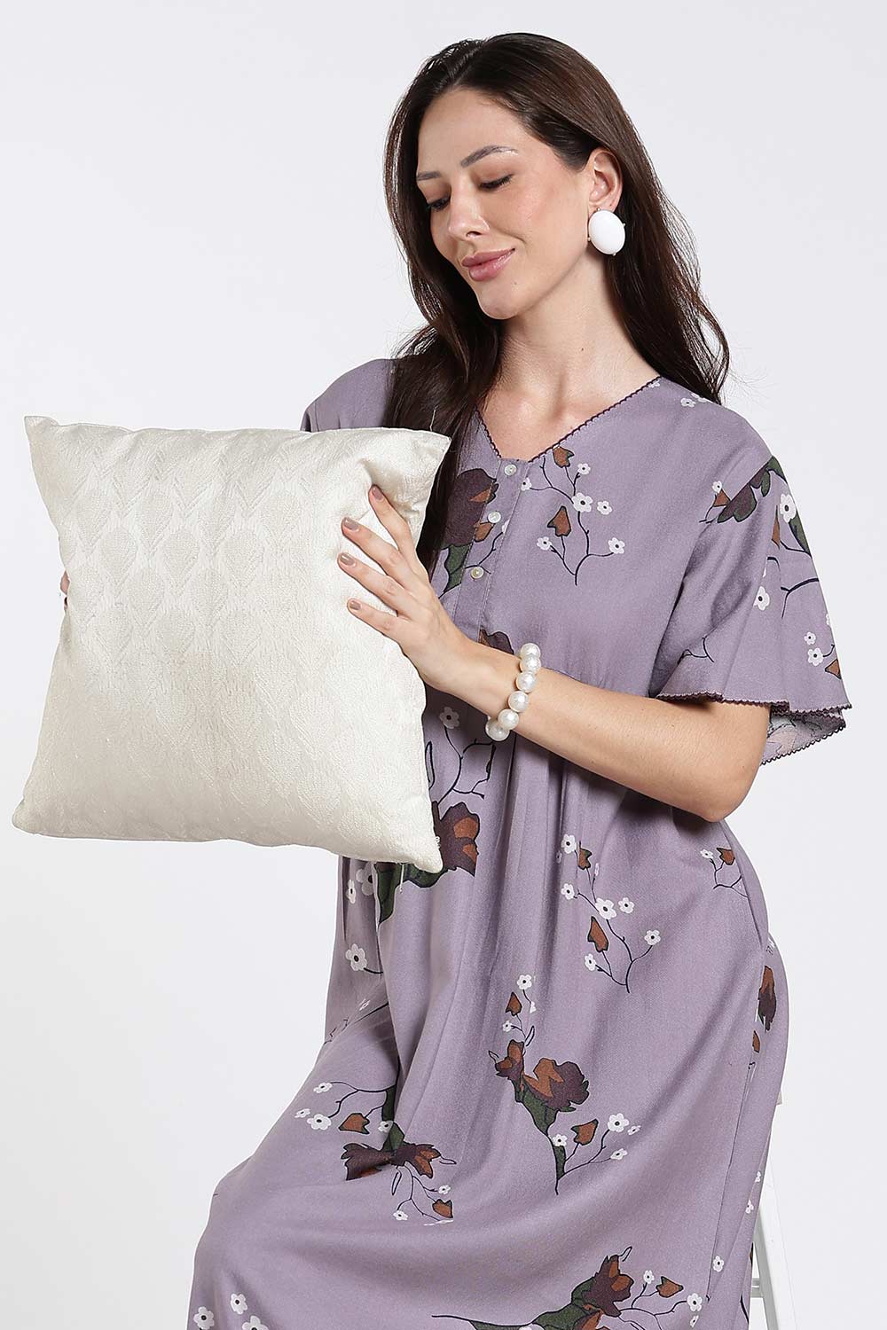 Naidu Hall Printed Cotton Nighty for Women – Full Length Flared Nighty with Lace V-Neck & Button Placket | Comfortable Daily Wear Sleepwear
 - NF42