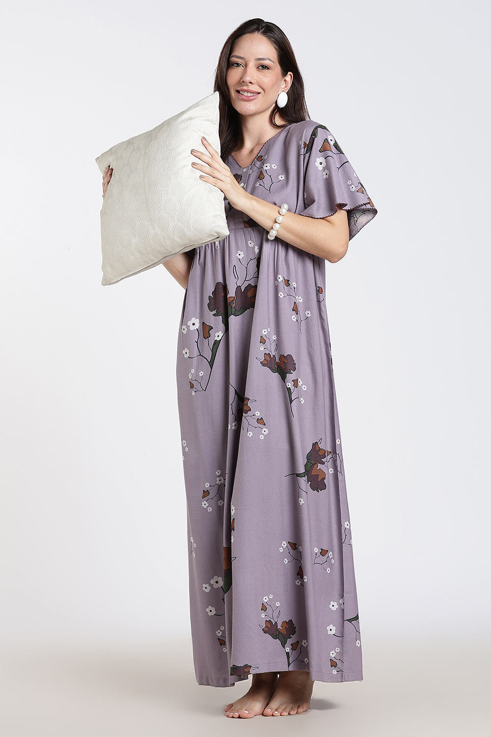 Naidu Hall Printed Cotton Nighty for Women – Full Length Flared Nighty with Lace V-Neck & Button Placket | Comfortable Daily Wear Sleepwear
 - NF42