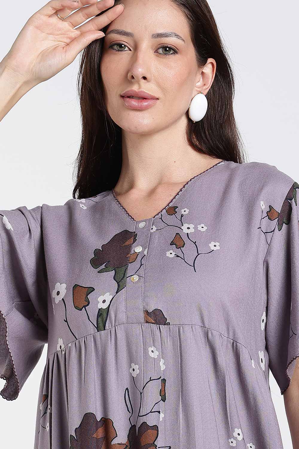 Naidu Hall Printed Cotton Nighty for Women – Full Length Flared Nighty with Lace V-Neck & Button Placket | Comfortable Daily Wear Sleepwear
 - NF42