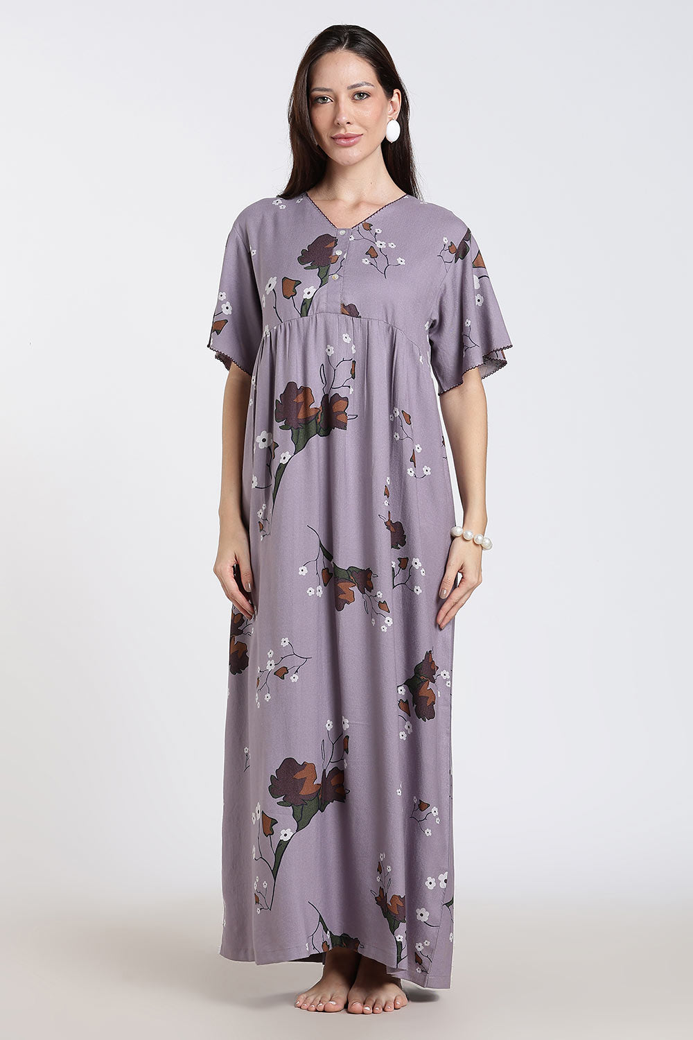 Naidu Hall Printed Cotton Nighty for Women – Full Length Flared Nighty with Lace V-Neck & Button Placket | Comfortable Daily Wear Sleepwear
 - NF42
