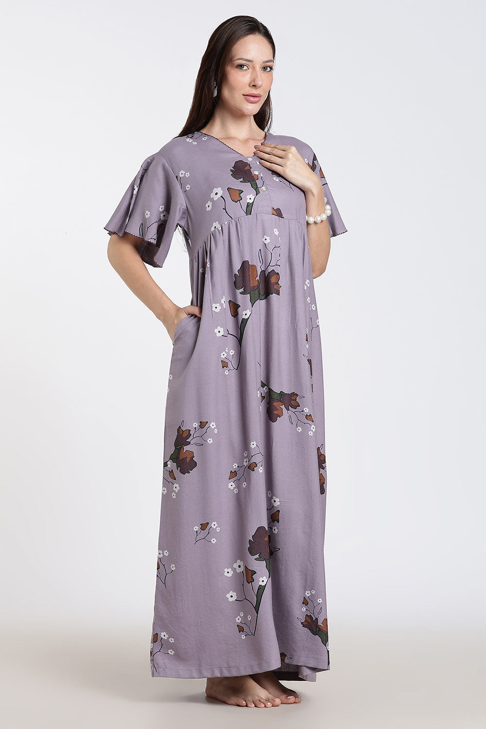 Naidu Hall Printed Cotton Nighty for Women – Full Length Flared Nighty with Lace V-Neck & Button Placket | Comfortable Daily Wear Sleepwear
 - NF42