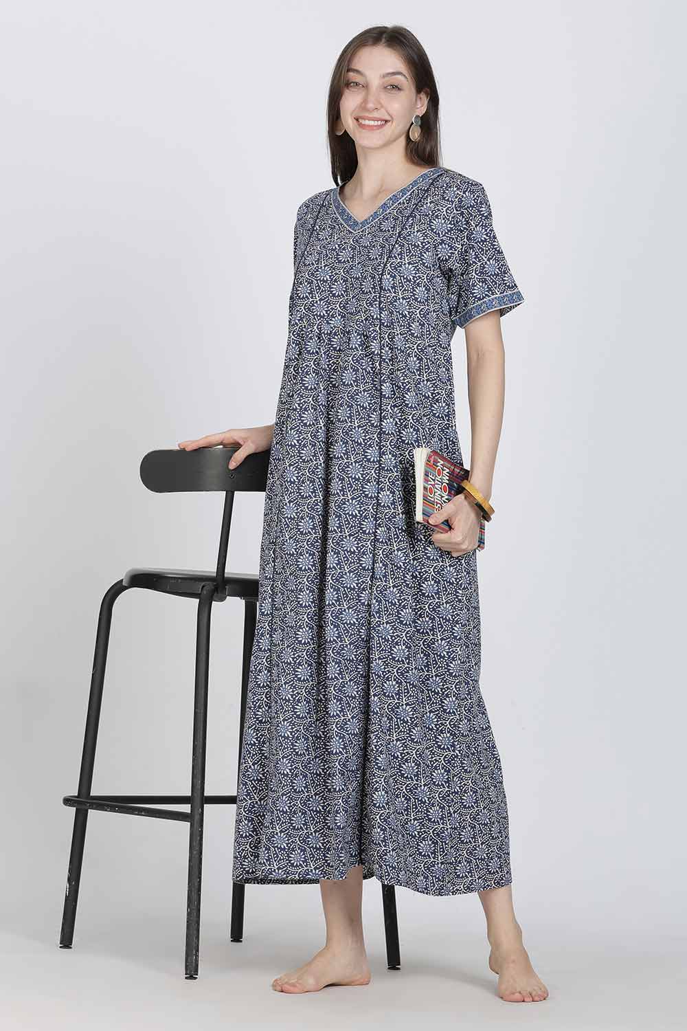 Naidu Hall Women’s Full-Length Printed Cotton Blend Nighty | V-Neck, Elbow Sleeves, A-Line Fit
 - NB09