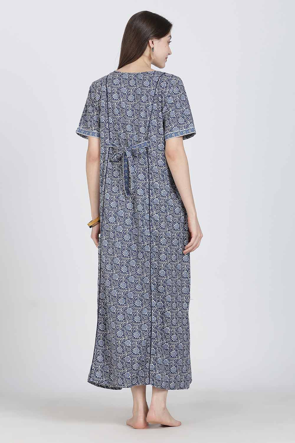 Naidu Hall Women’s Full-Length Printed Cotton Blend Nighty | V-Neck, Elbow Sleeves, A-Line Fit
 - NB09