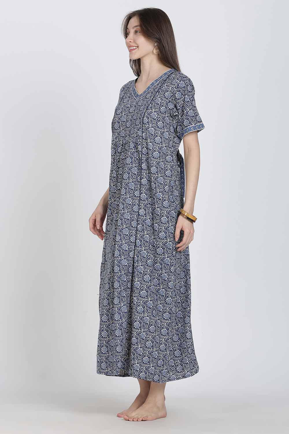 Naidu Hall Women’s Full-Length Printed Cotton Blend Nighty | V-Neck, Elbow Sleeves, A-Line Fit
 - NB09