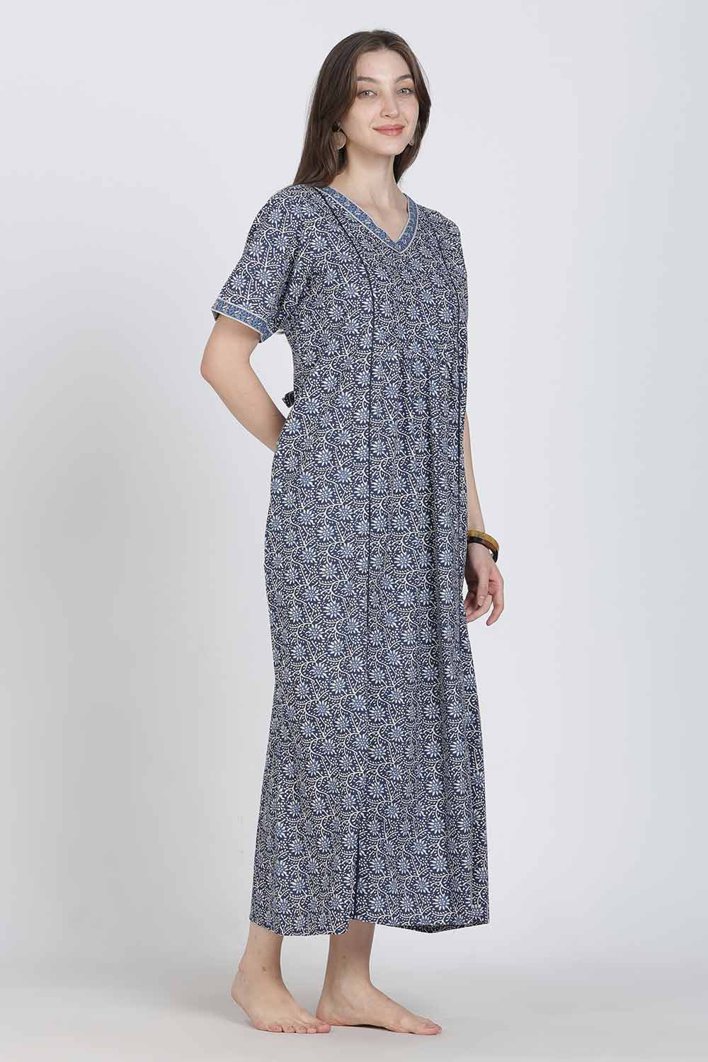 Naidu Hall Women’s Full-Length Printed Cotton Blend Nighty | V-Neck, Elbow Sleeves, A-Line Fit
 - NB09