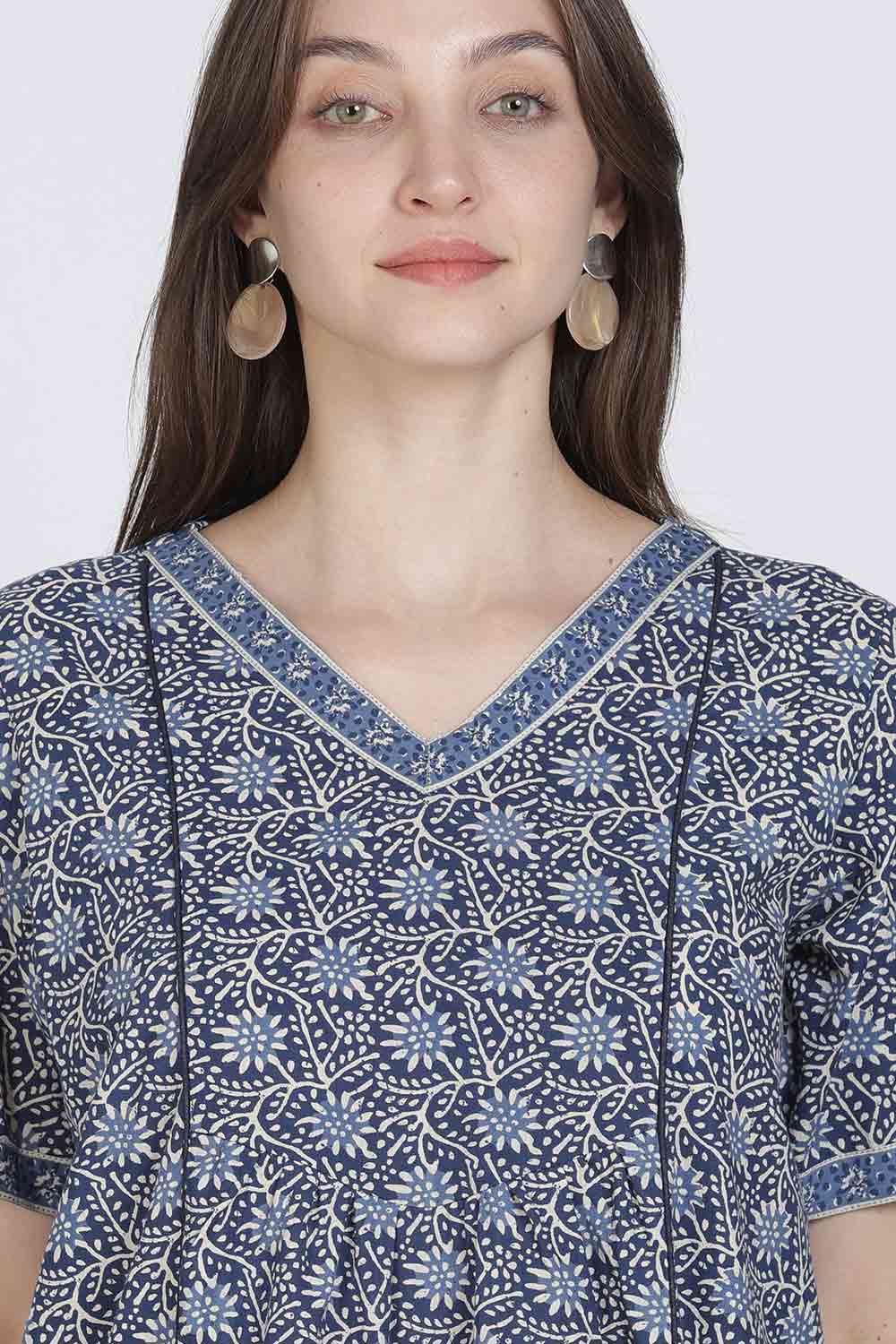 Naidu Hall Women’s Full-Length Printed Cotton Blend Nighty | V-Neck, Elbow Sleeves, A-Line Fit
 - NB09