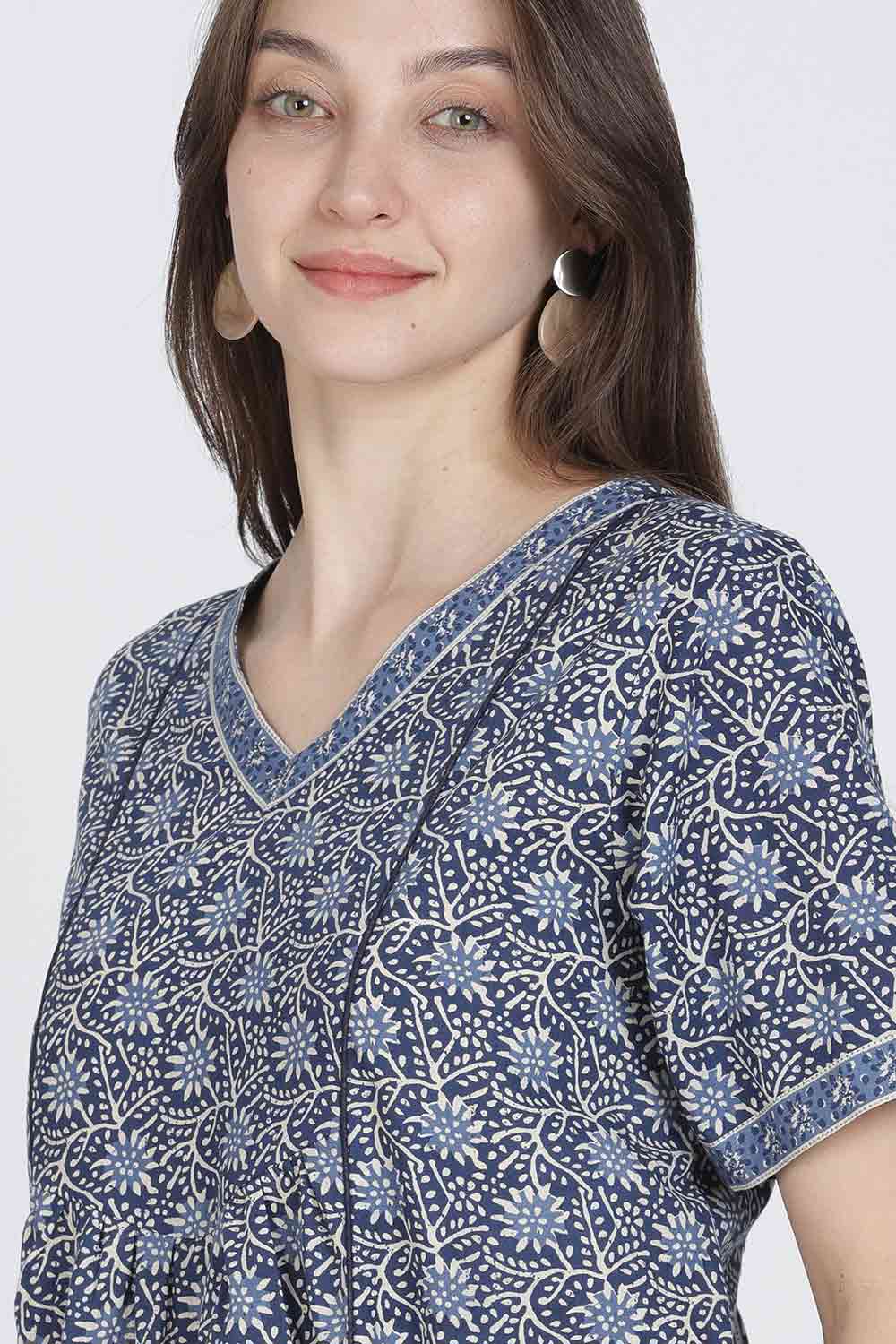 Naidu Hall Women’s Full-Length Printed Cotton Blend Nighty | V-Neck, Elbow Sleeves, A-Line Fit
 - NB09