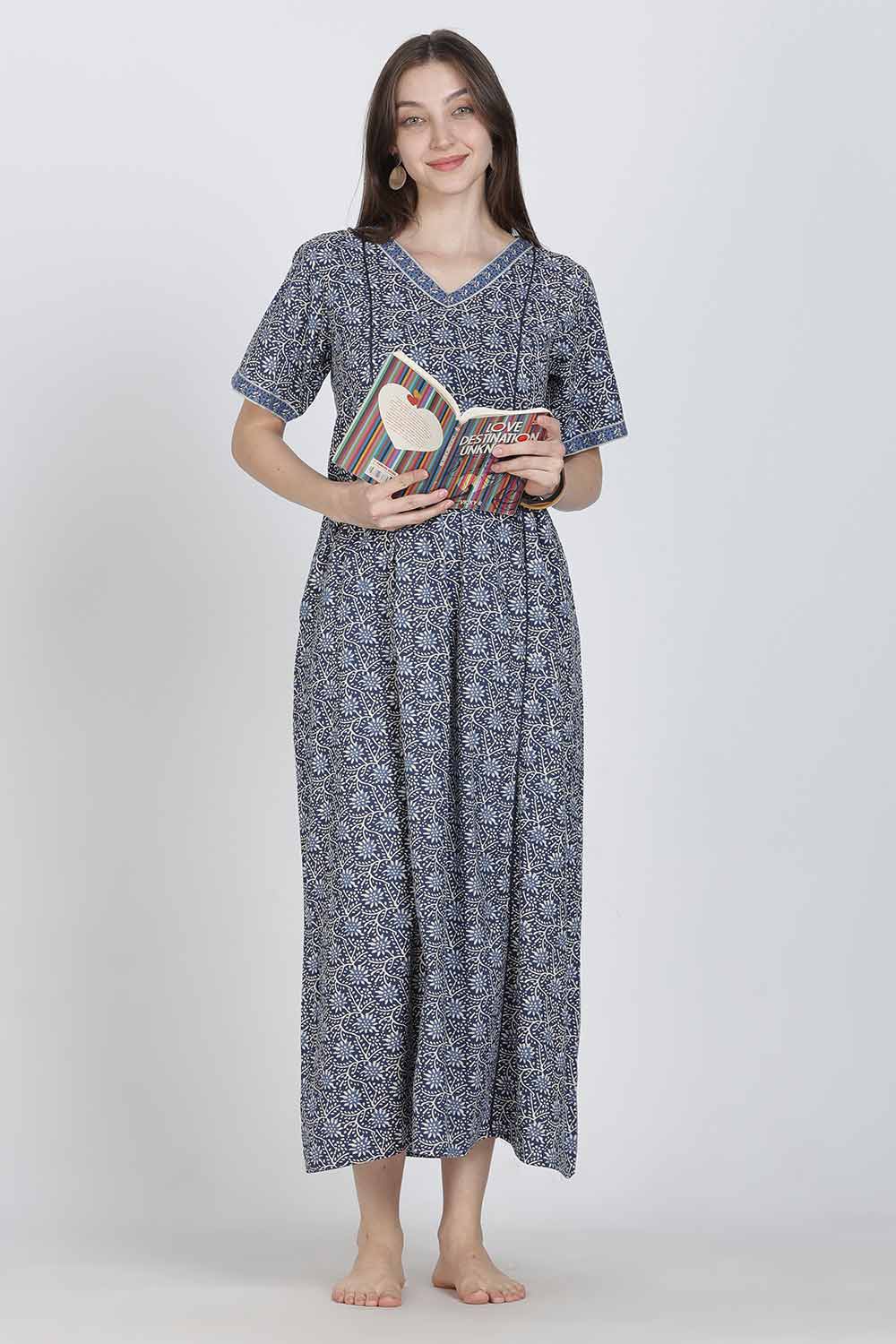Naidu Hall Women’s Full-Length Printed Cotton Blend Nighty | V-Neck, Elbow Sleeves, A-Line Fit
 - NB09