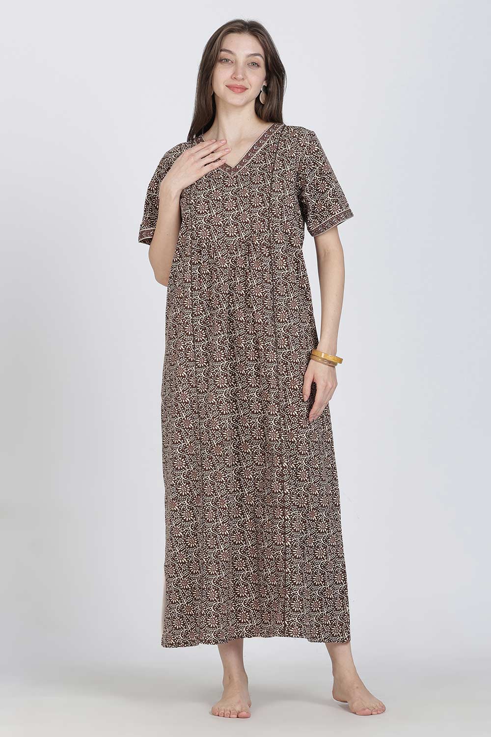 Naidu Hall Women’s Full-Length Printed Cotton Blend Nighty | V-Neck, Elbow Sleeves, A-Line Fit
 - NB09