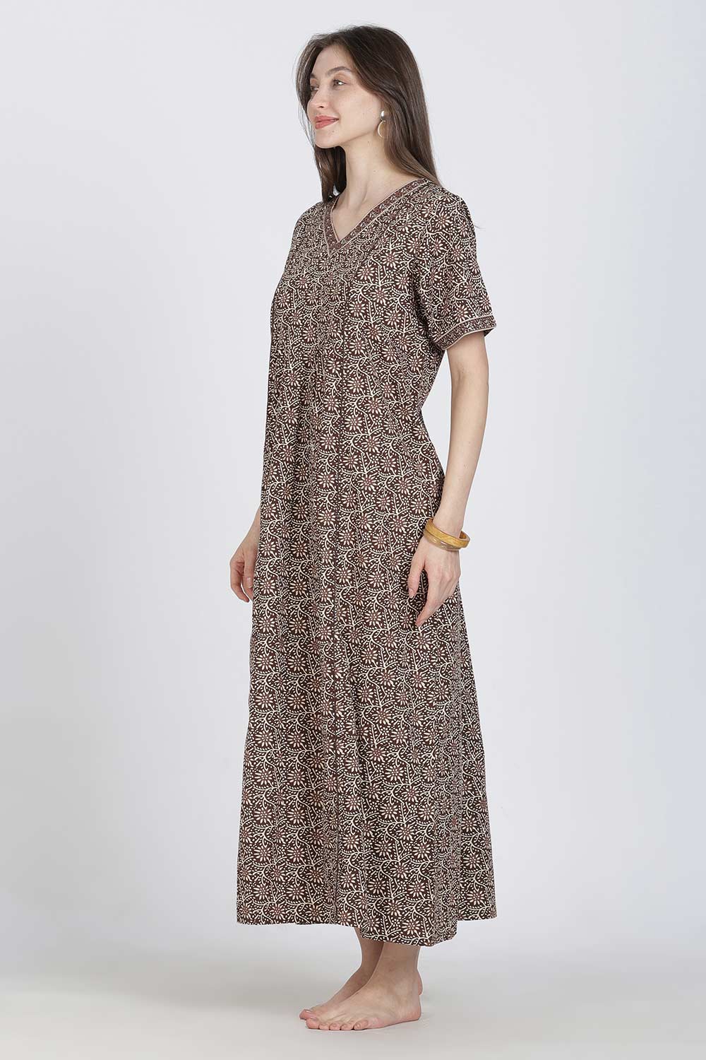 Naidu Hall Women’s Full-Length Printed Cotton Blend Nighty | V-Neck, Elbow Sleeves, A-Line Fit
 - NB09