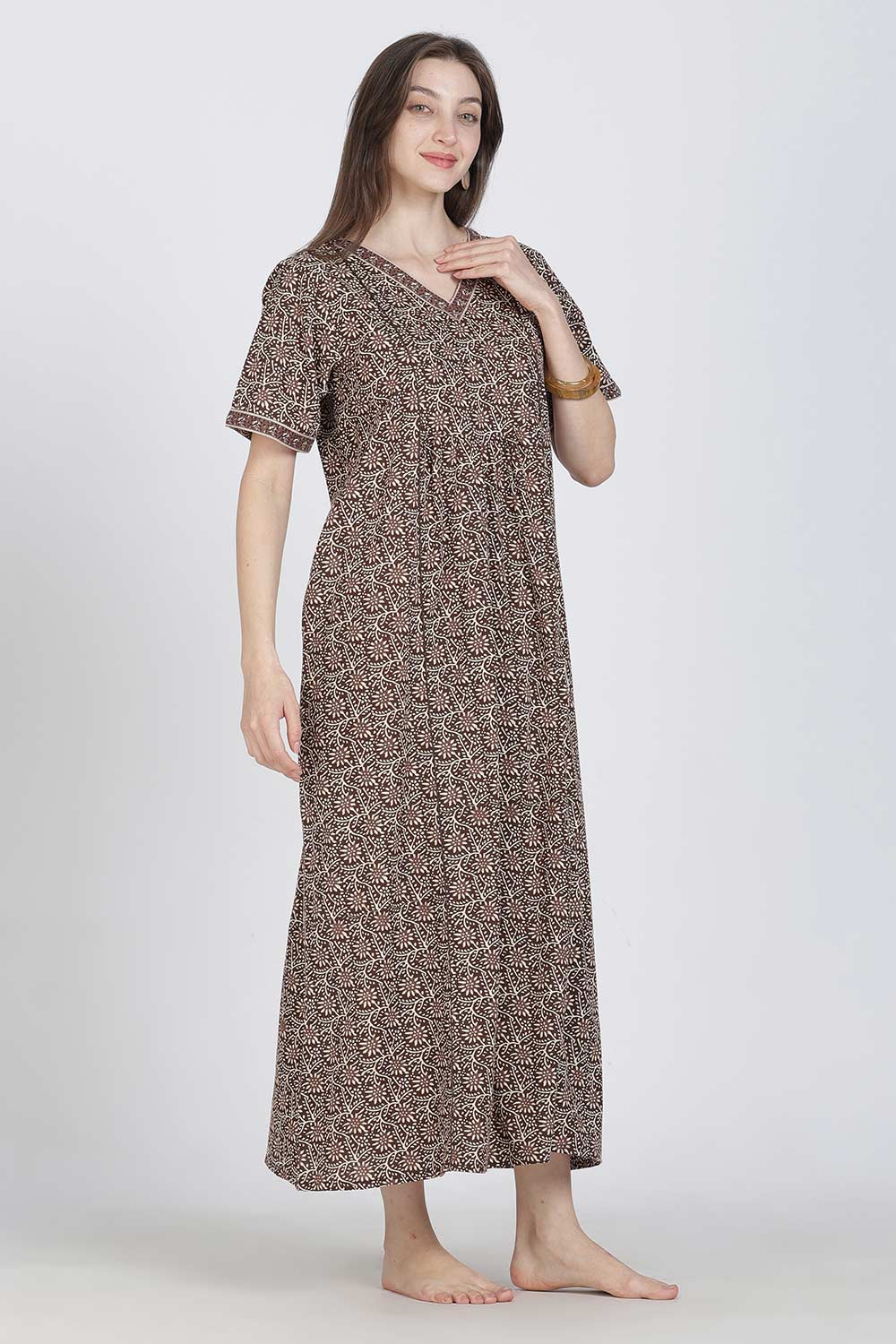 Naidu Hall Women’s Full-Length Printed Cotton Blend Nighty | V-Neck, Elbow Sleeves, A-Line Fit
 - NB09