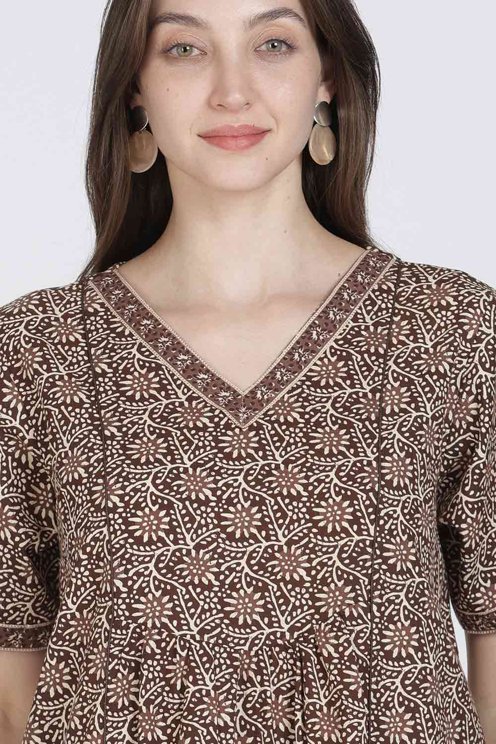 Naidu Hall Women’s Full-Length Printed Cotton Blend Nighty | V-Neck, Elbow Sleeves, A-Line Fit
 - NB09