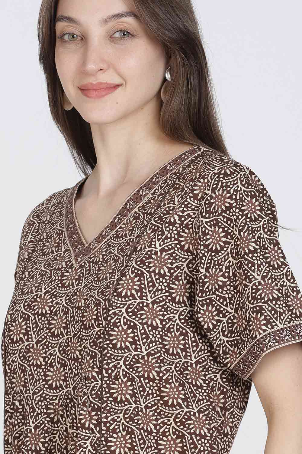 Naidu Hall Women’s Full-Length Printed Cotton Blend Nighty | V-Neck, Elbow Sleeves, A-Line Fit
 - NB09