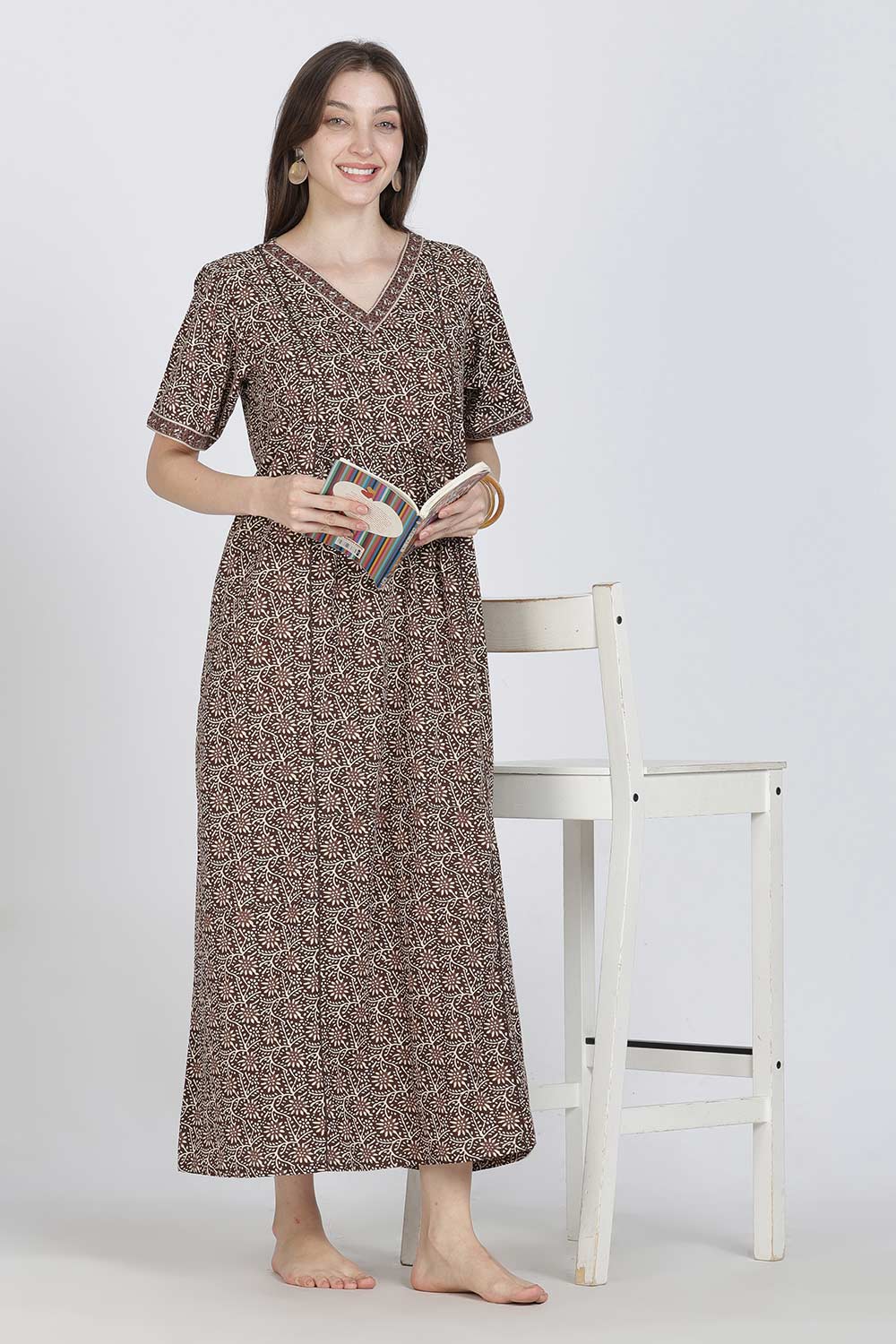 Naidu Hall Women’s Full-Length Printed Cotton Blend Nighty | V-Neck, Elbow Sleeves, A-Line Fit
 - NB09