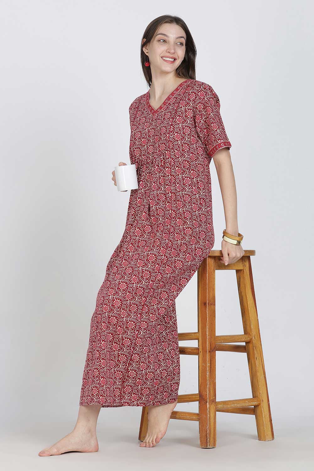 Naidu Hall Women’s Full-Length Printed Cotton Blend Nighty | V-Neck, Elbow Sleeves, A-Line Fit
 - NB09