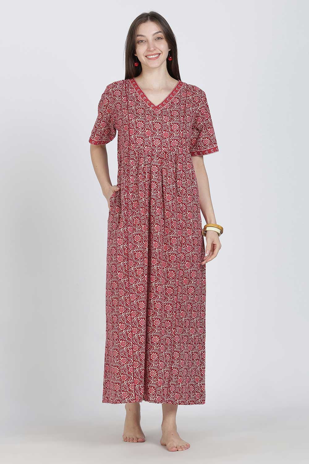 Naidu Hall Women’s Full-Length Printed Cotton Blend Nighty | V-Neck, Elbow Sleeves, A-Line Fit
 - NB09