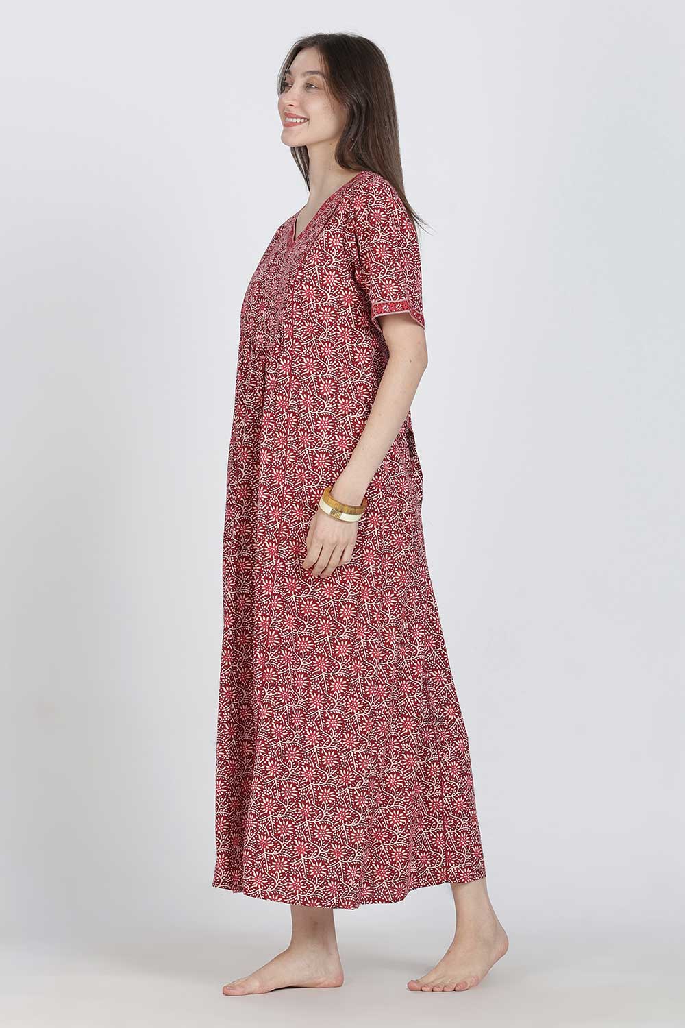 Naidu Hall Women’s Full-Length Printed Cotton Blend Nighty | V-Neck, Elbow Sleeves, A-Line Fit
 - NB09