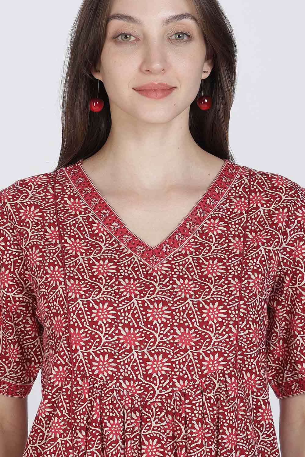 Naidu Hall Women’s Full-Length Printed Cotton Blend Nighty | V-Neck, Elbow Sleeves, A-Line Fit
 - NB09