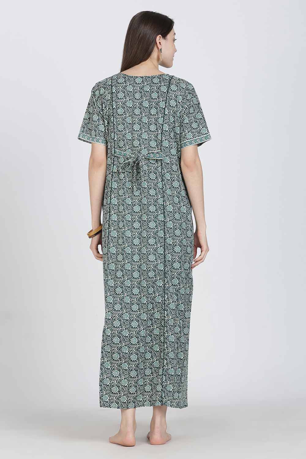 Naidu Hall Women’s Full-Length Printed Cotton Blend Nighty | V-Neck, Elbow Sleeves, A-Line Fit
 - NB09