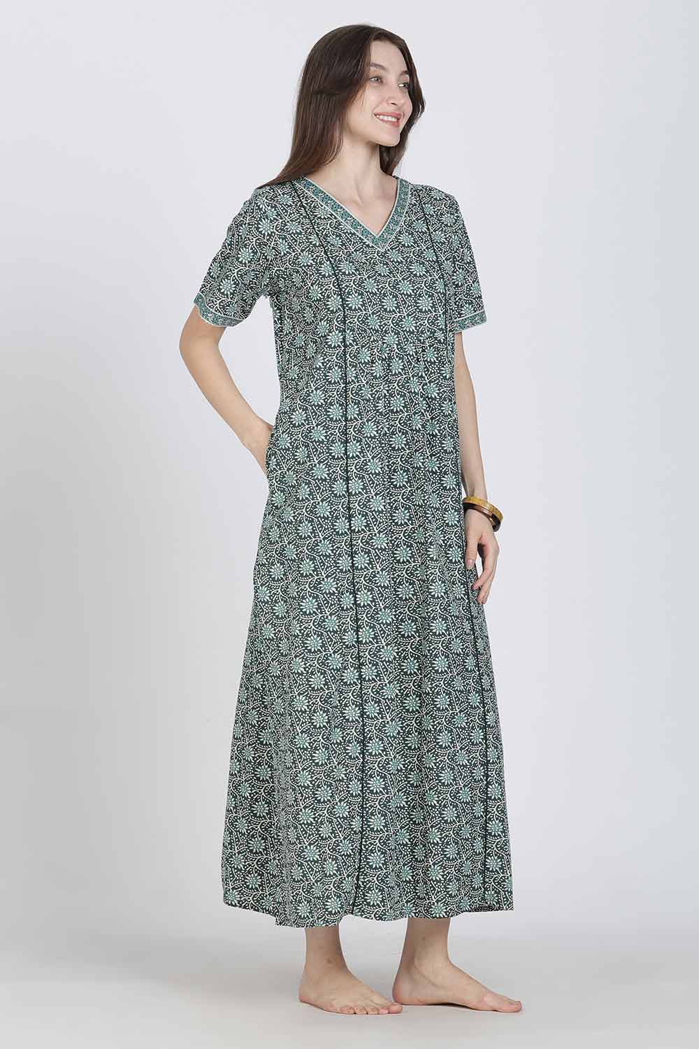Naidu Hall Women’s Full-Length Printed Cotton Blend Nighty | V-Neck, Elbow Sleeves, A-Line Fit
 - NB09