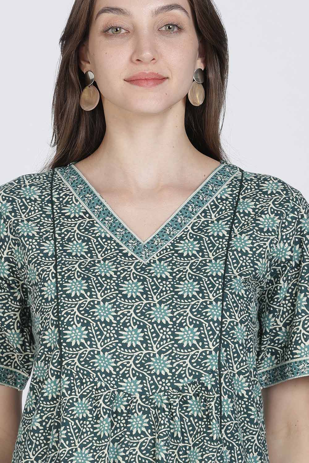 Naidu Hall Women’s Full-Length Printed Cotton Blend Nighty | V-Neck, Elbow Sleeves, A-Line Fit
 - NB09