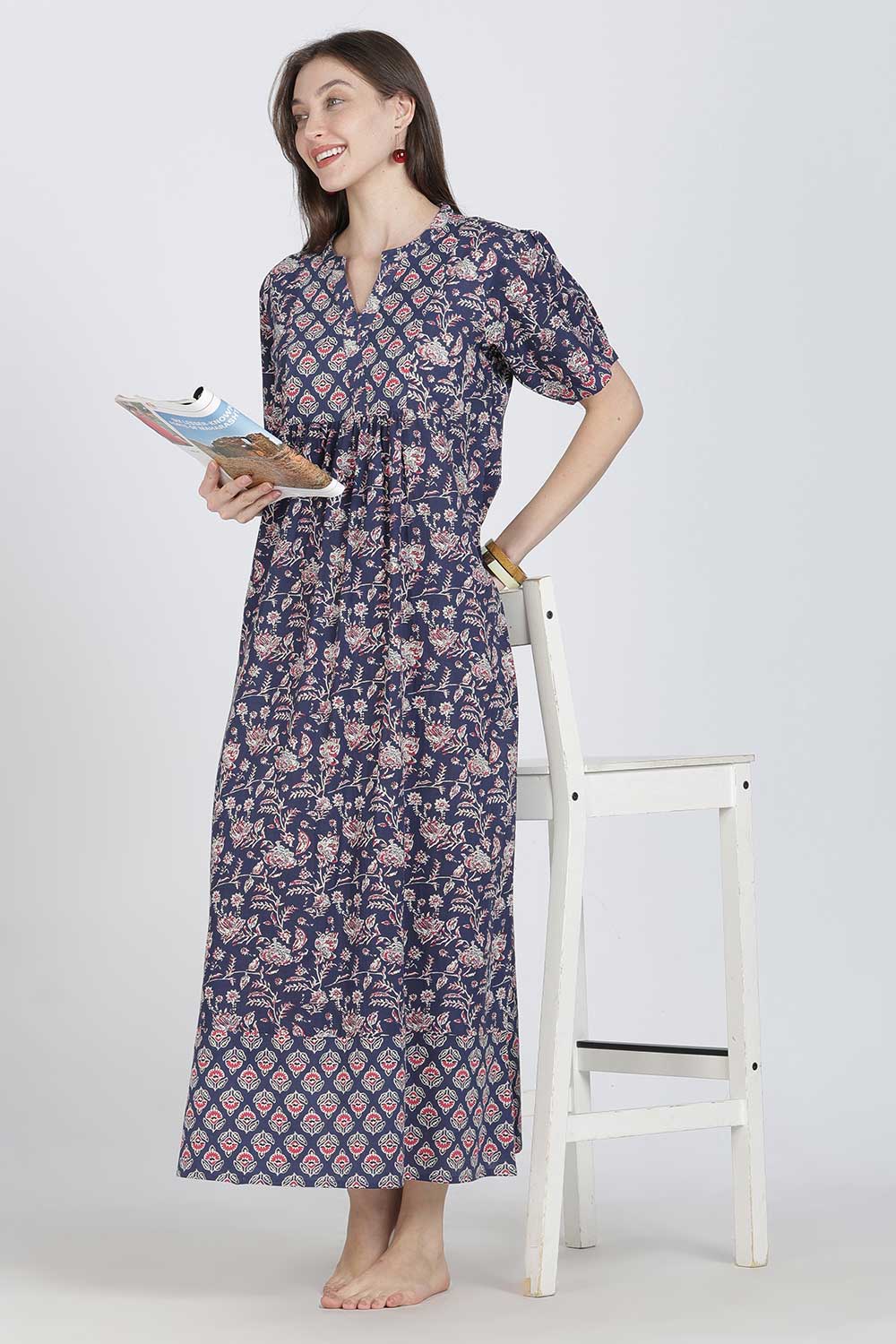 Naidu Hall Women’s Full-Length Cotton Blend Nighty | V-Neck Mandarin Collar, Puff Sleeves, Floral Print
 - NB12